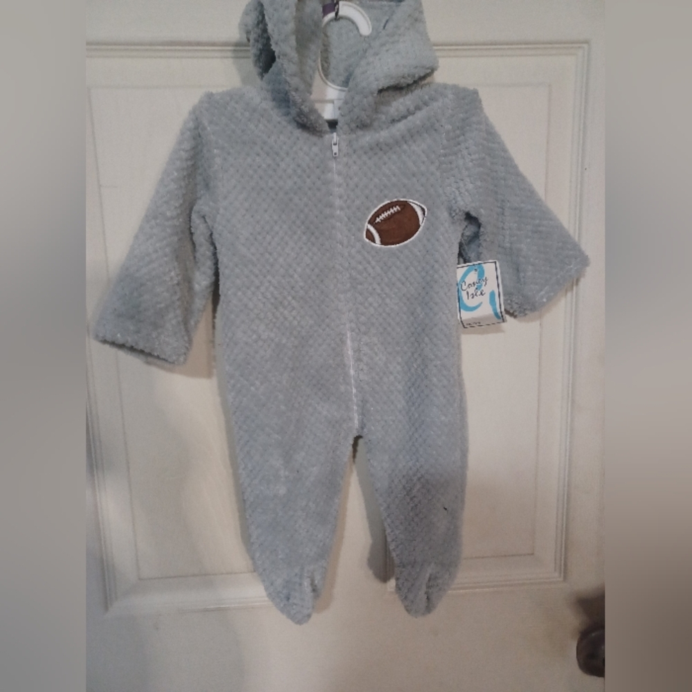 Soft Gray Hooded Baby Footie with Football Patch